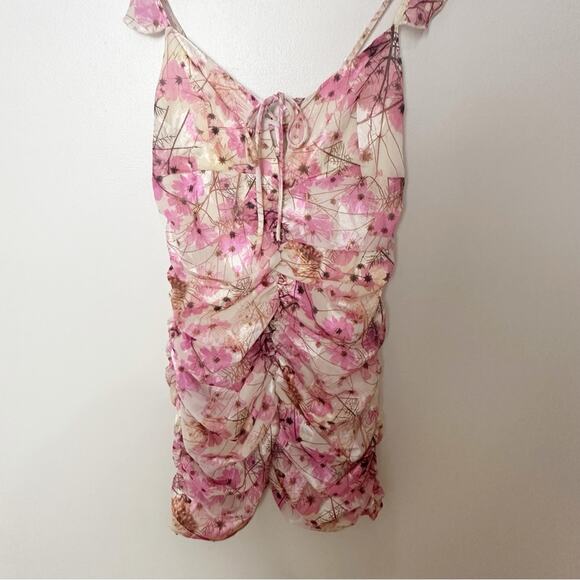 Fanco Pink Floral Ruched Mini Dress Small Ruffle Tie Front Cottagecore Fairy - Picture 5 of 12